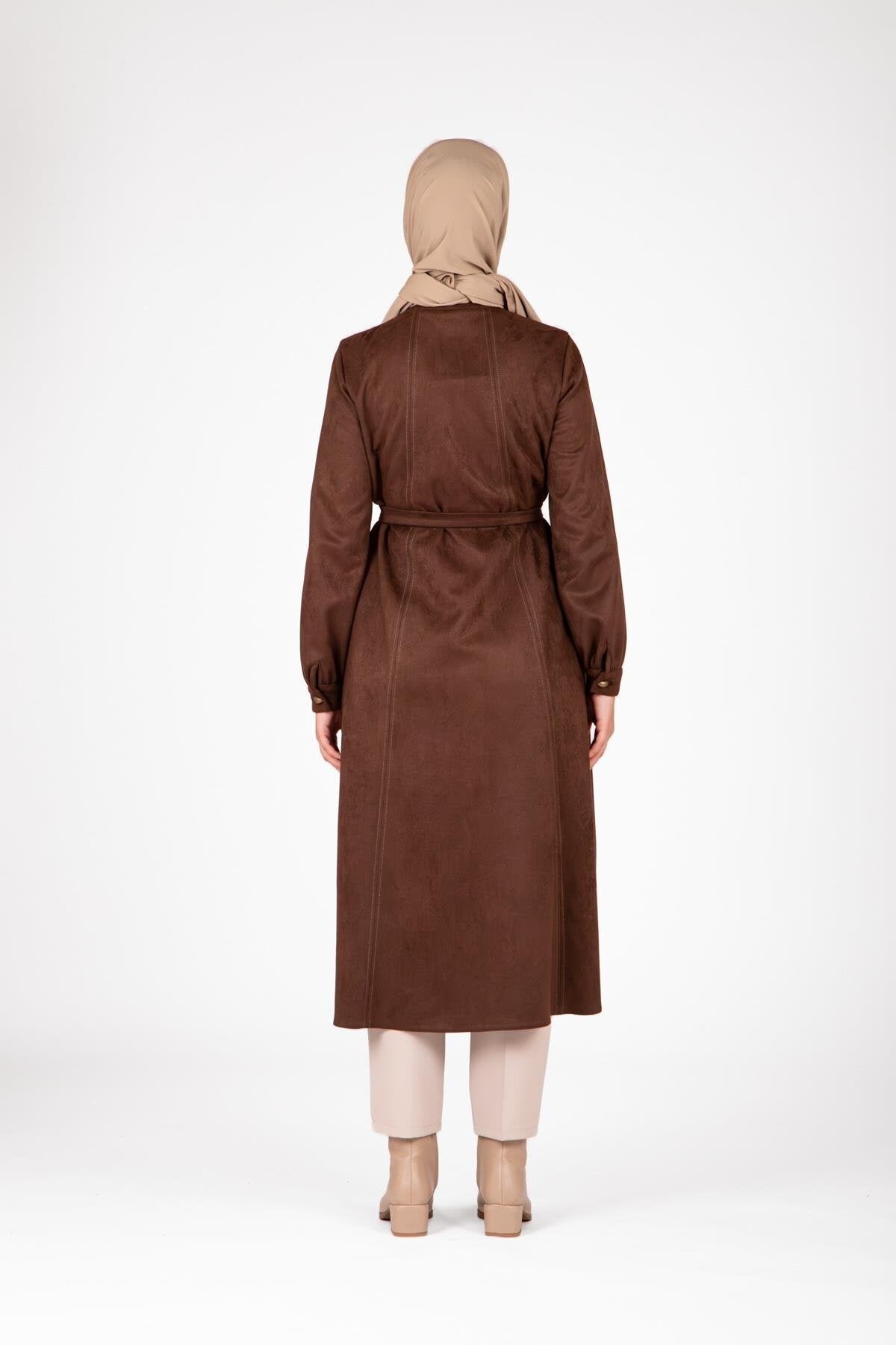 Suede Buttoned-Front Duster Coat - Brown - Beyza