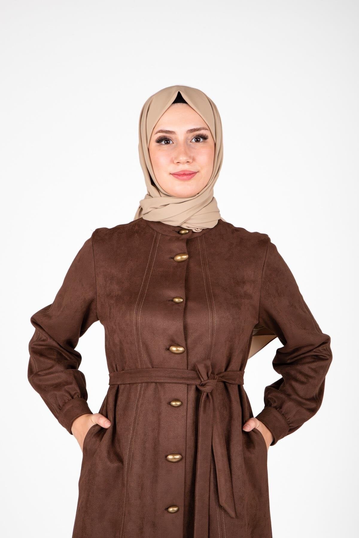 Suede Buttoned-Front Duster Coat - Brown - Beyza