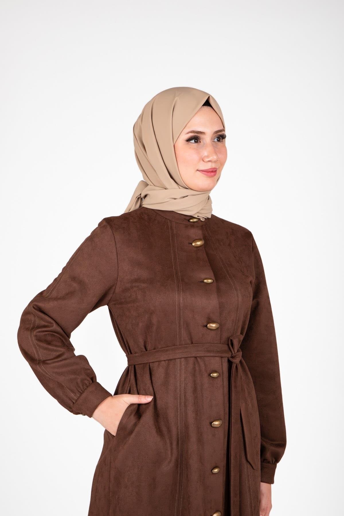 Suede Buttoned-Front Duster Coat - Brown - Beyza