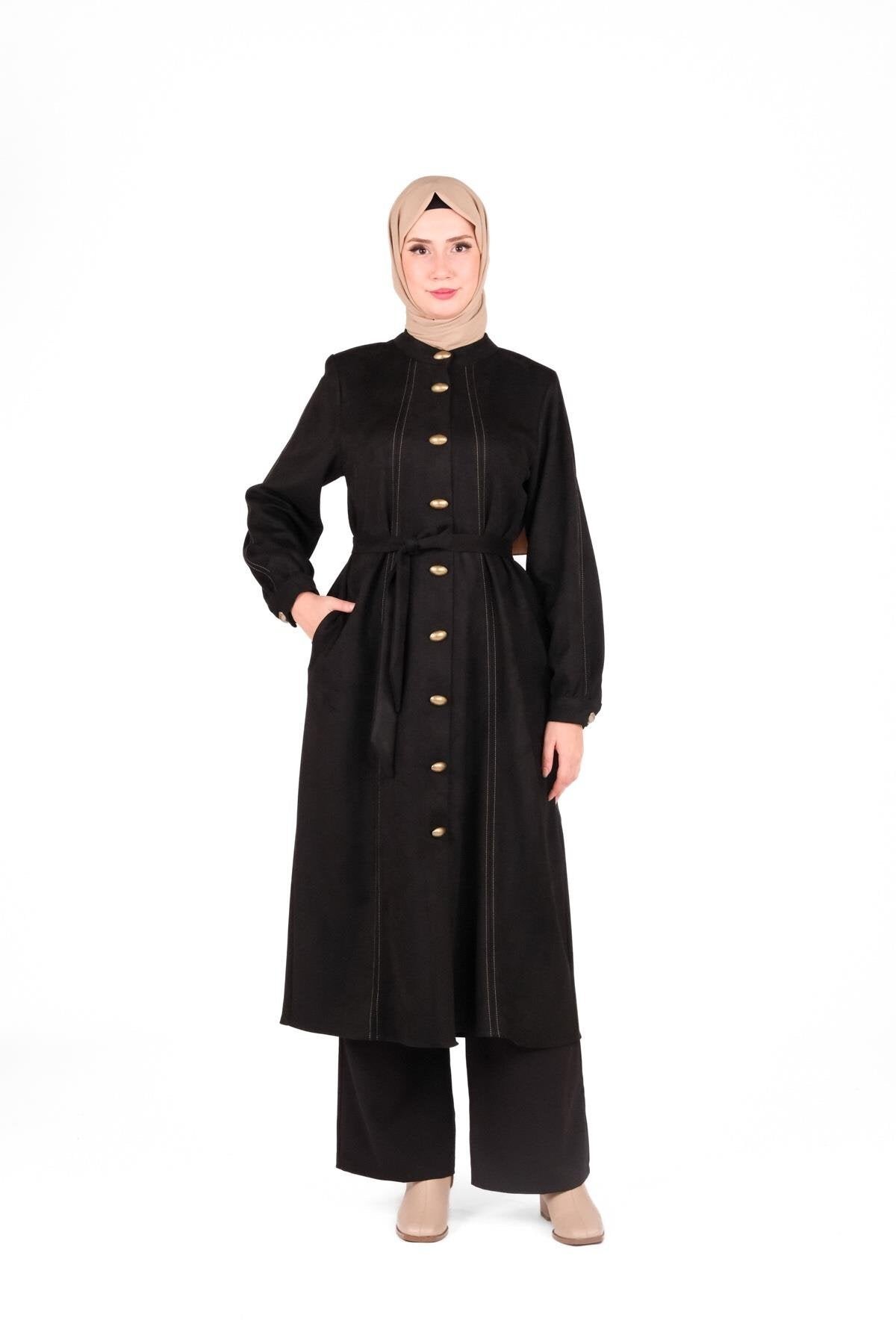 Suede Buttoned-Front Duster Coat - Brown - Beyza