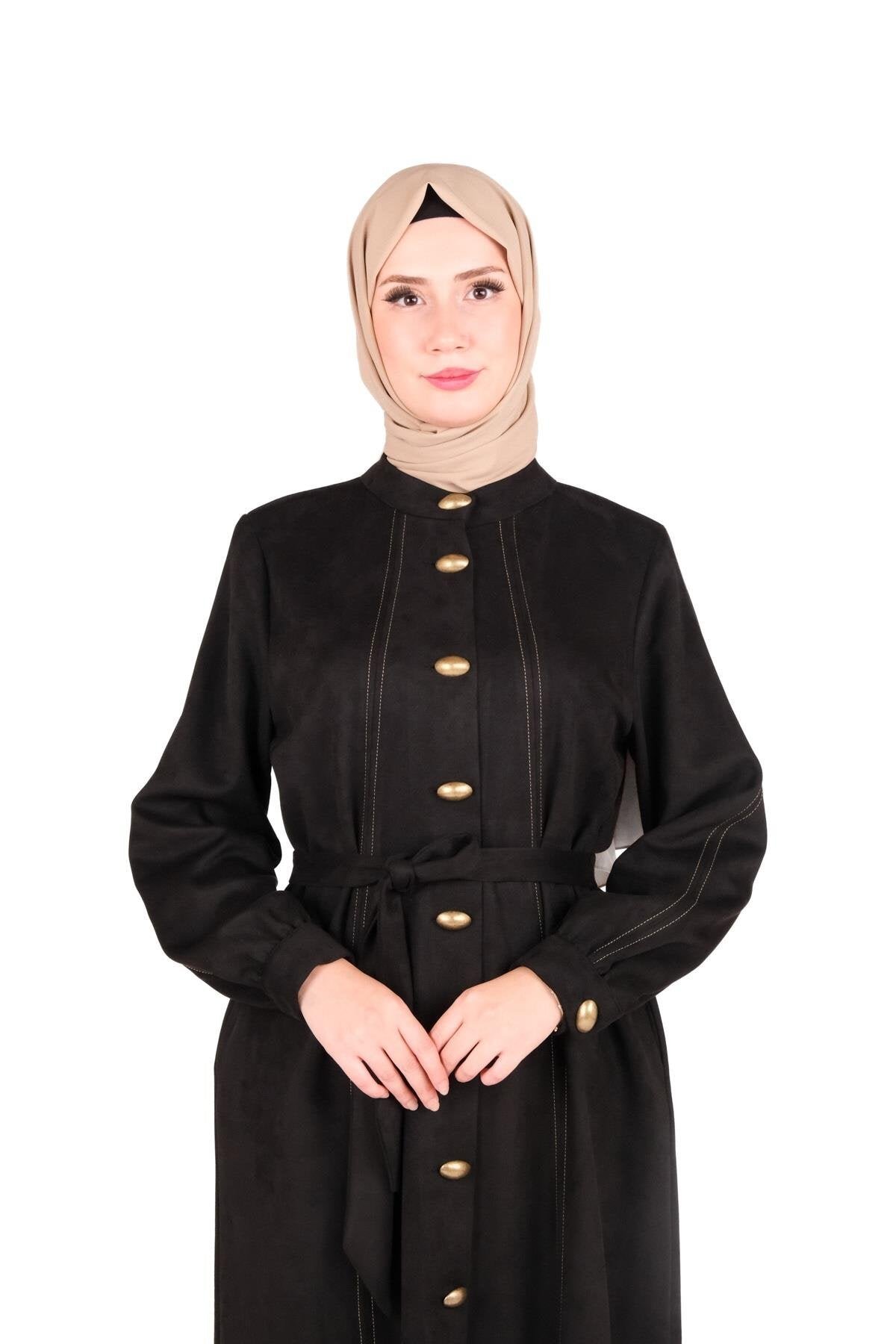 Suede Buttoned-Front Duster Coat - Brown - Beyza