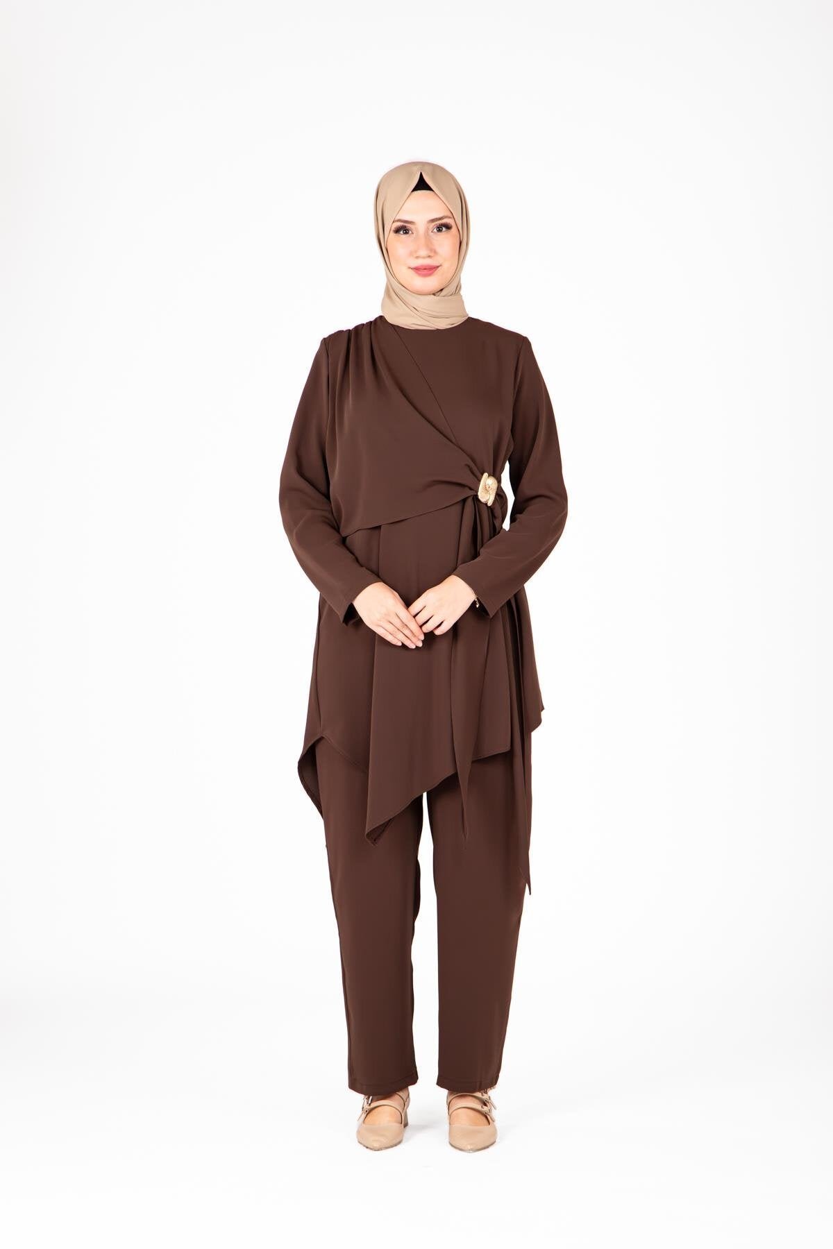 Tunic and Pants Modest Set with Waist Accessory Detail - Brown - Beyza