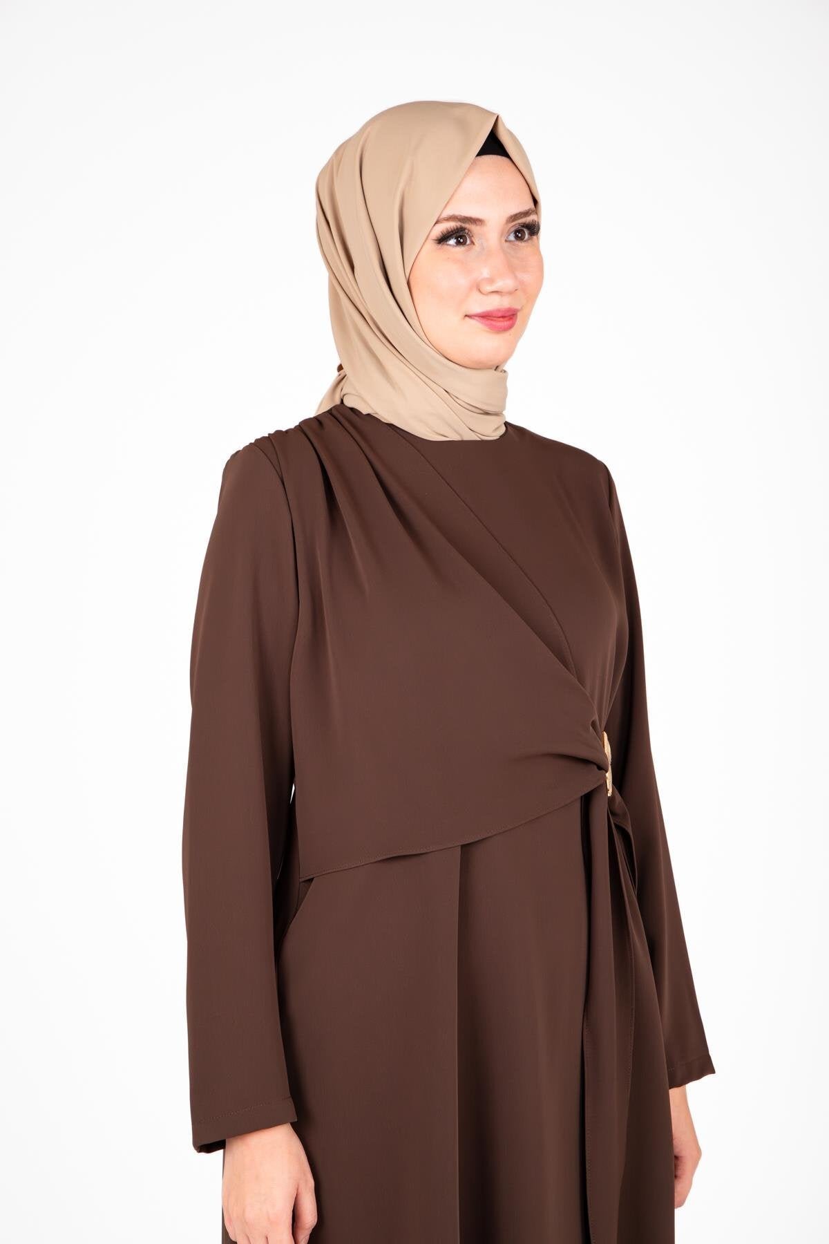 Tunic and Pants Modest Set with Waist Accessory Detail - Brown - Beyza