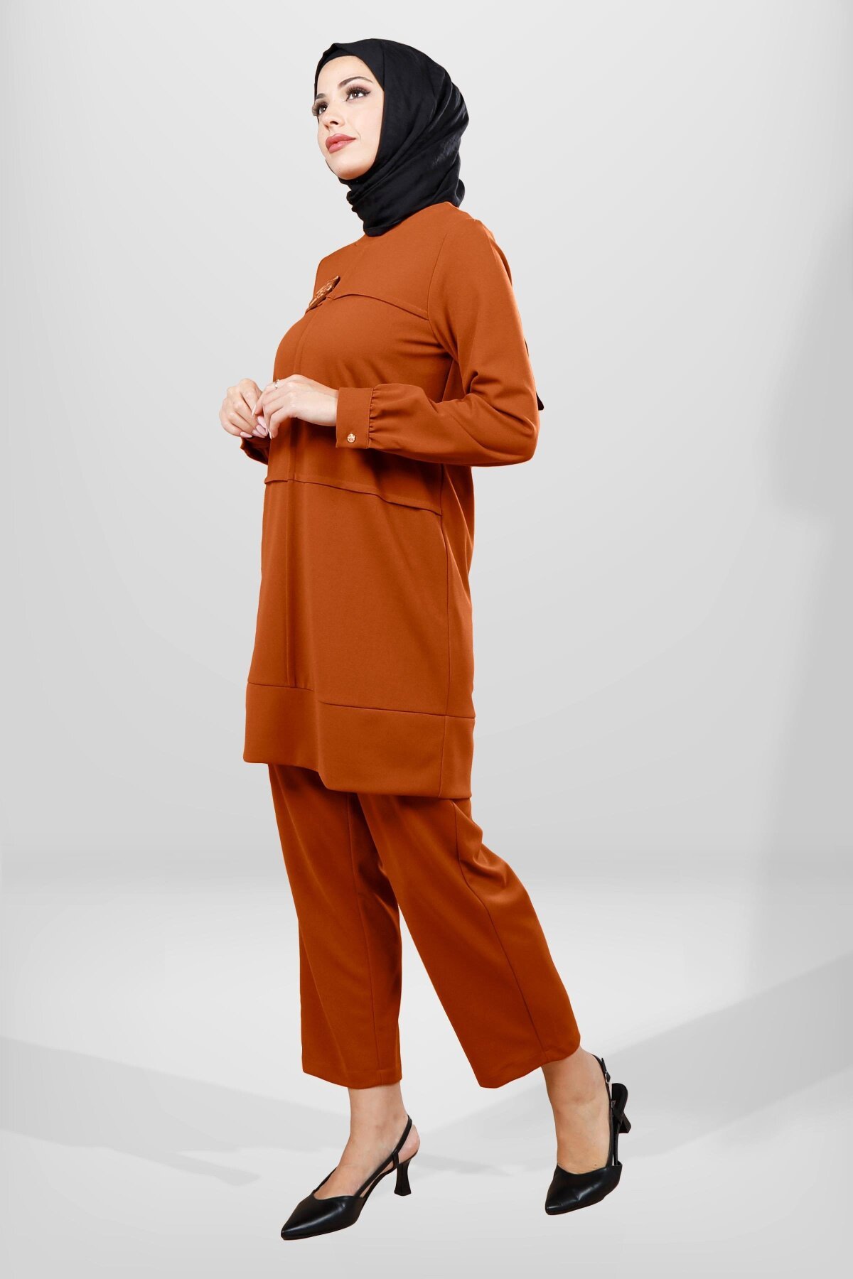 Pintuck Double Brooch Detail Modest Set - Terracotta - Beyza