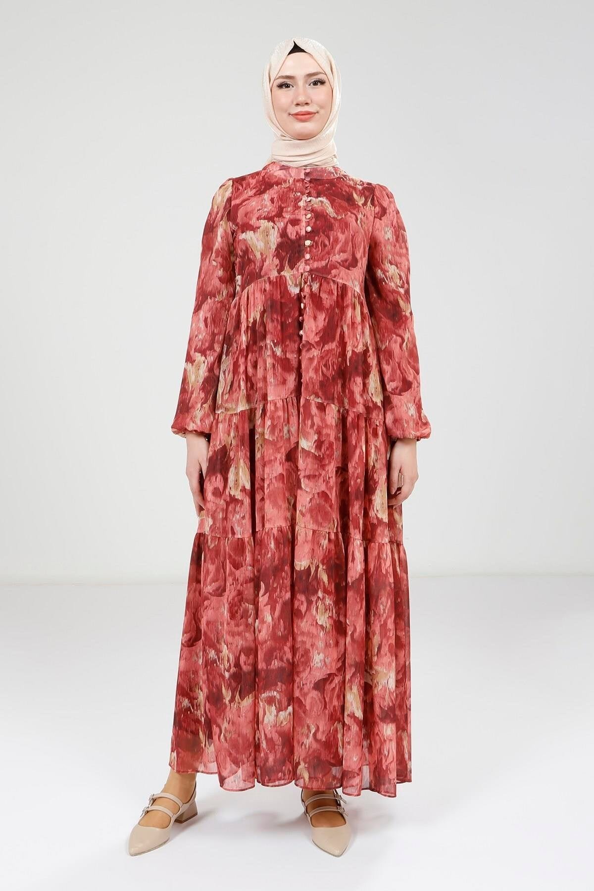 Printed Buttoned Modest Dress - Red - Beyza