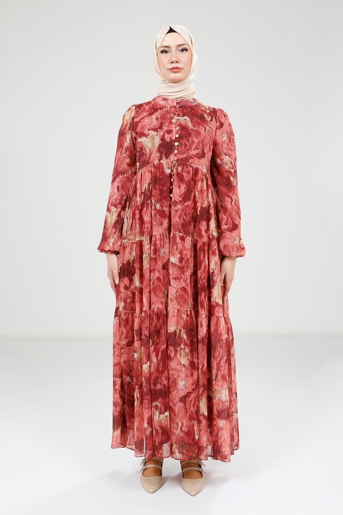 Printed Buttoned Modest Dress - Red - Beyza
