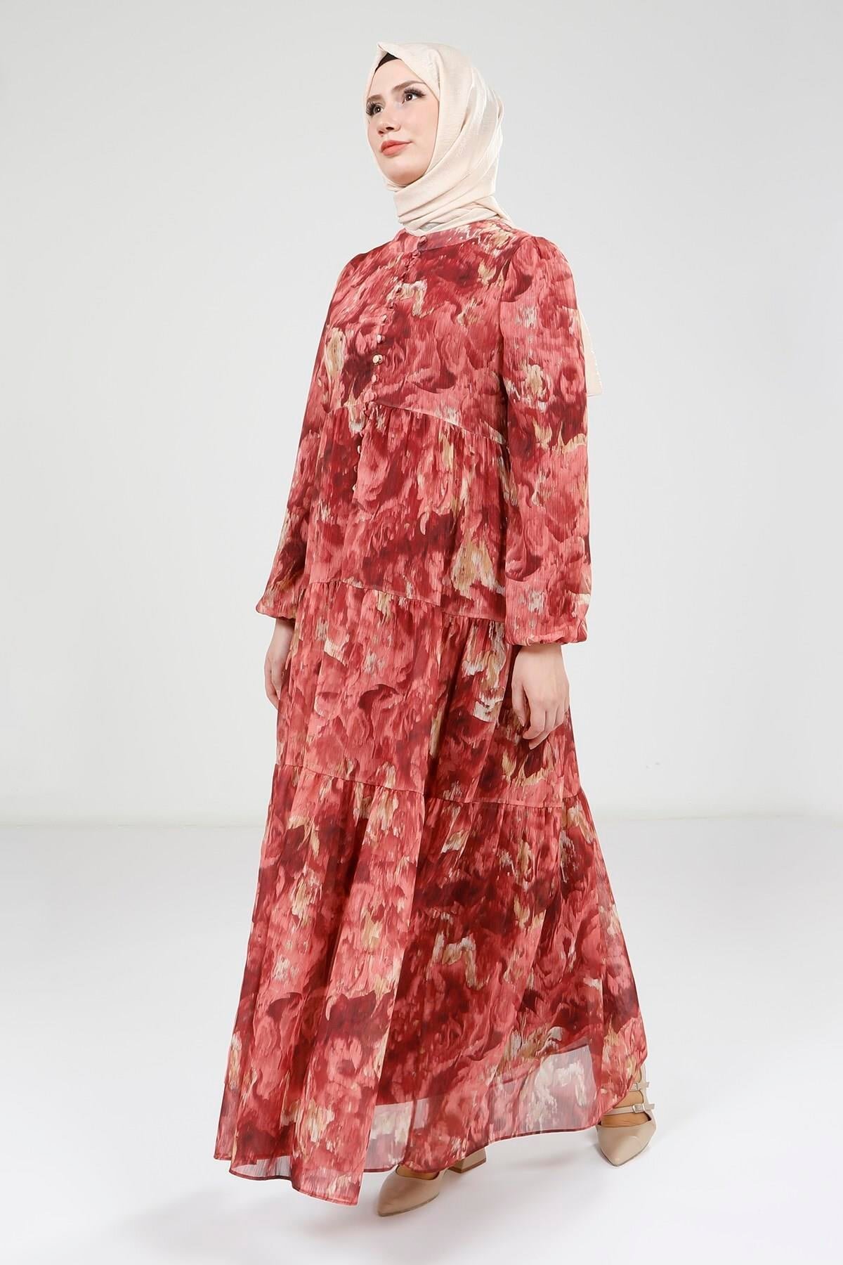 Printed Buttoned Modest Dress - Red - Beyza