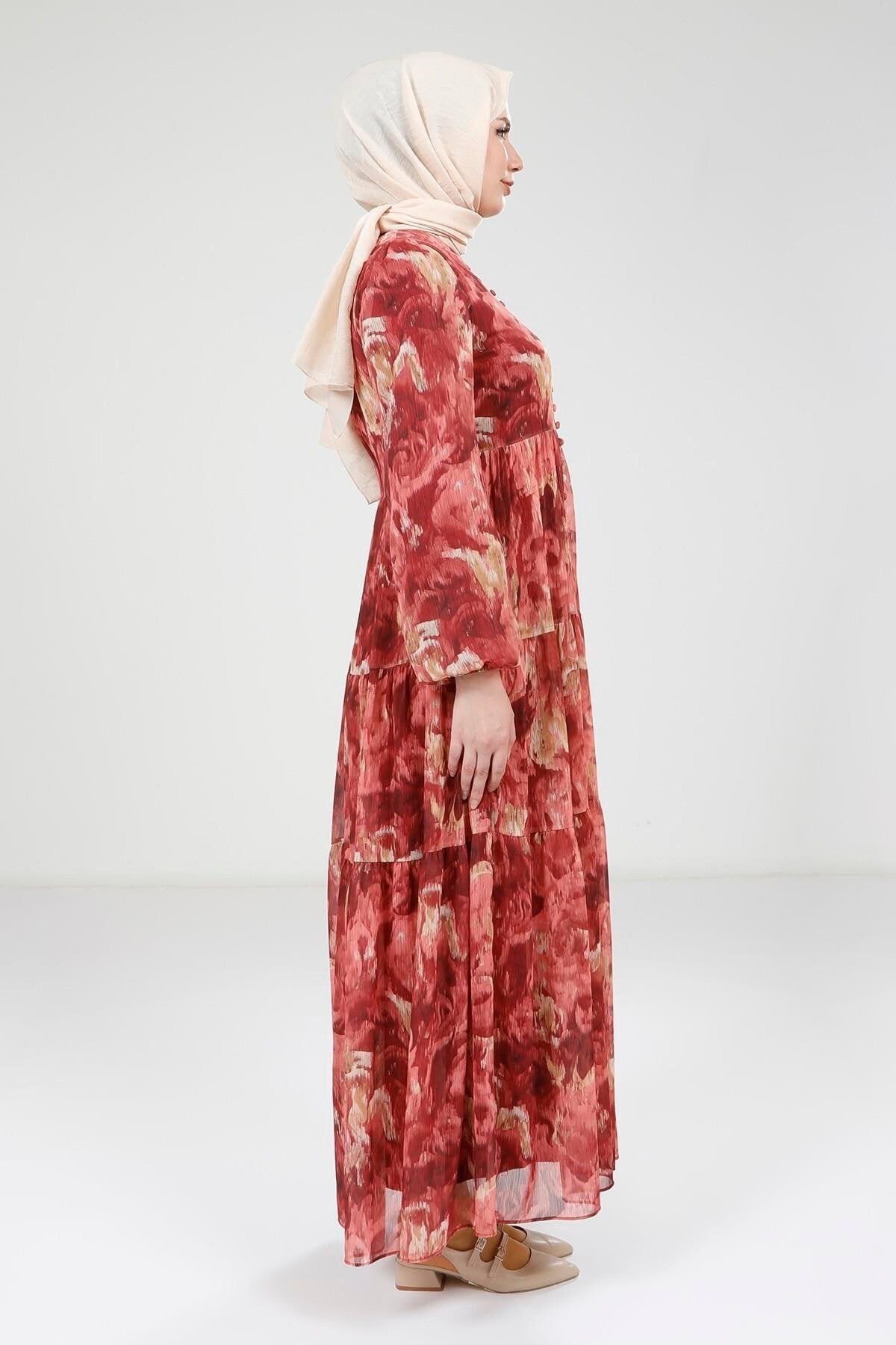 Printed Buttoned Modest Dress - Red - Beyza