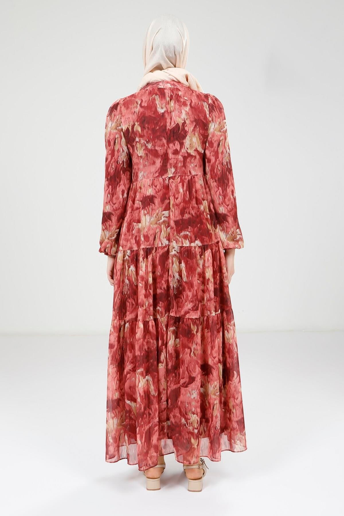 Printed Buttoned Modest Dress - Red - Beyza