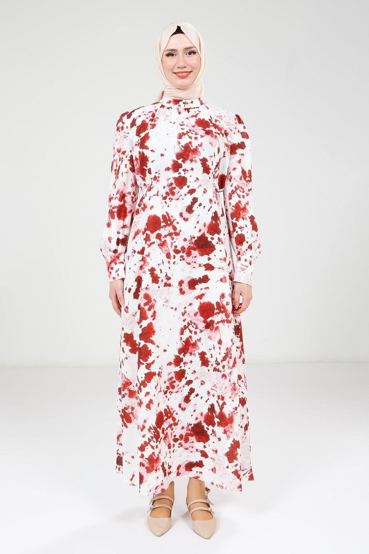 Printed Detachable Belted Modest Dress - Red - Beyza