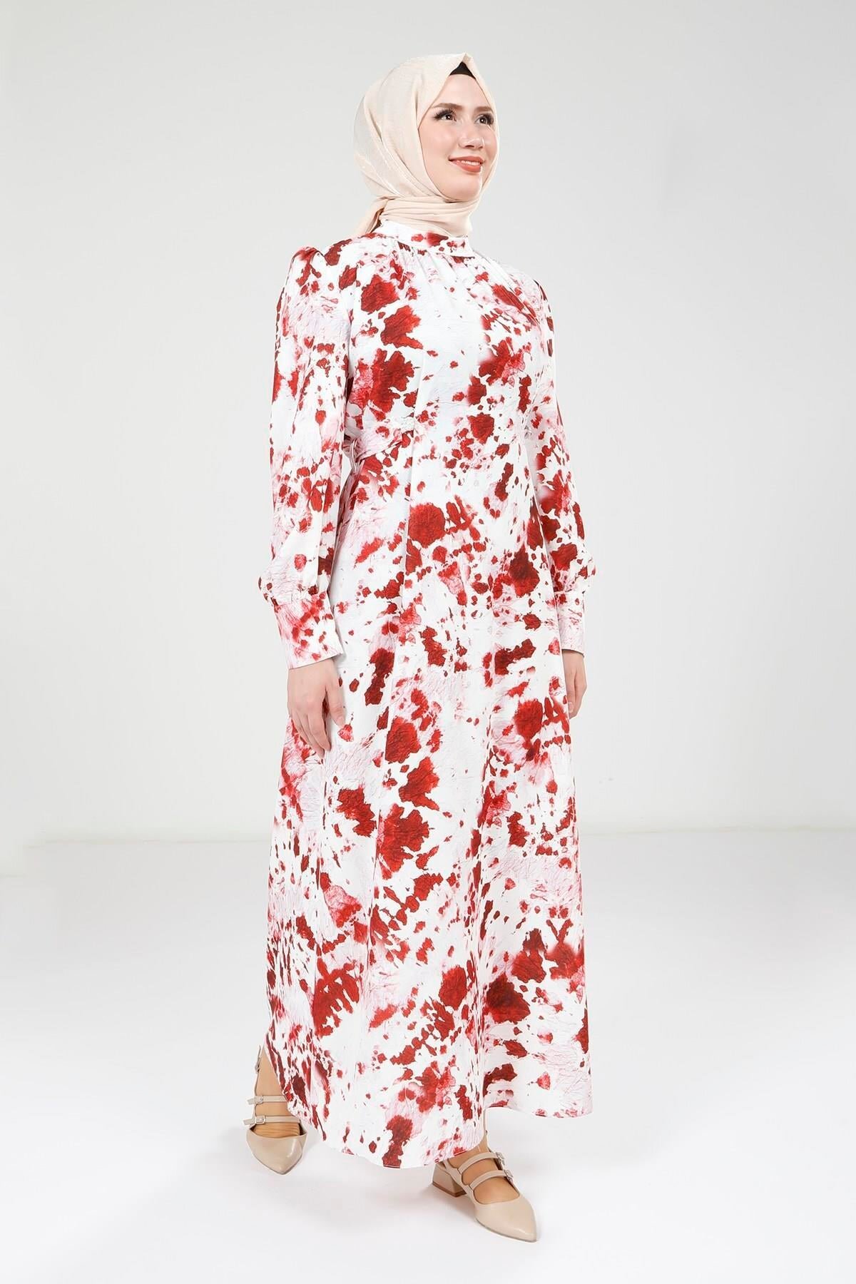 Printed Detachable Belted Modest Dress - Red - Beyza
