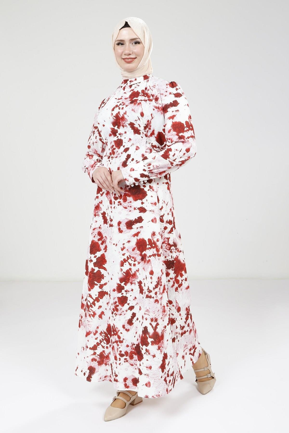 Printed Detachable Belted Modest Dress - Red - Beyza