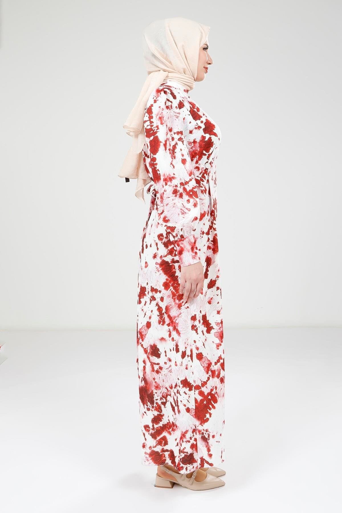 Printed Detachable Belted Modest Dress - Red - Beyza
