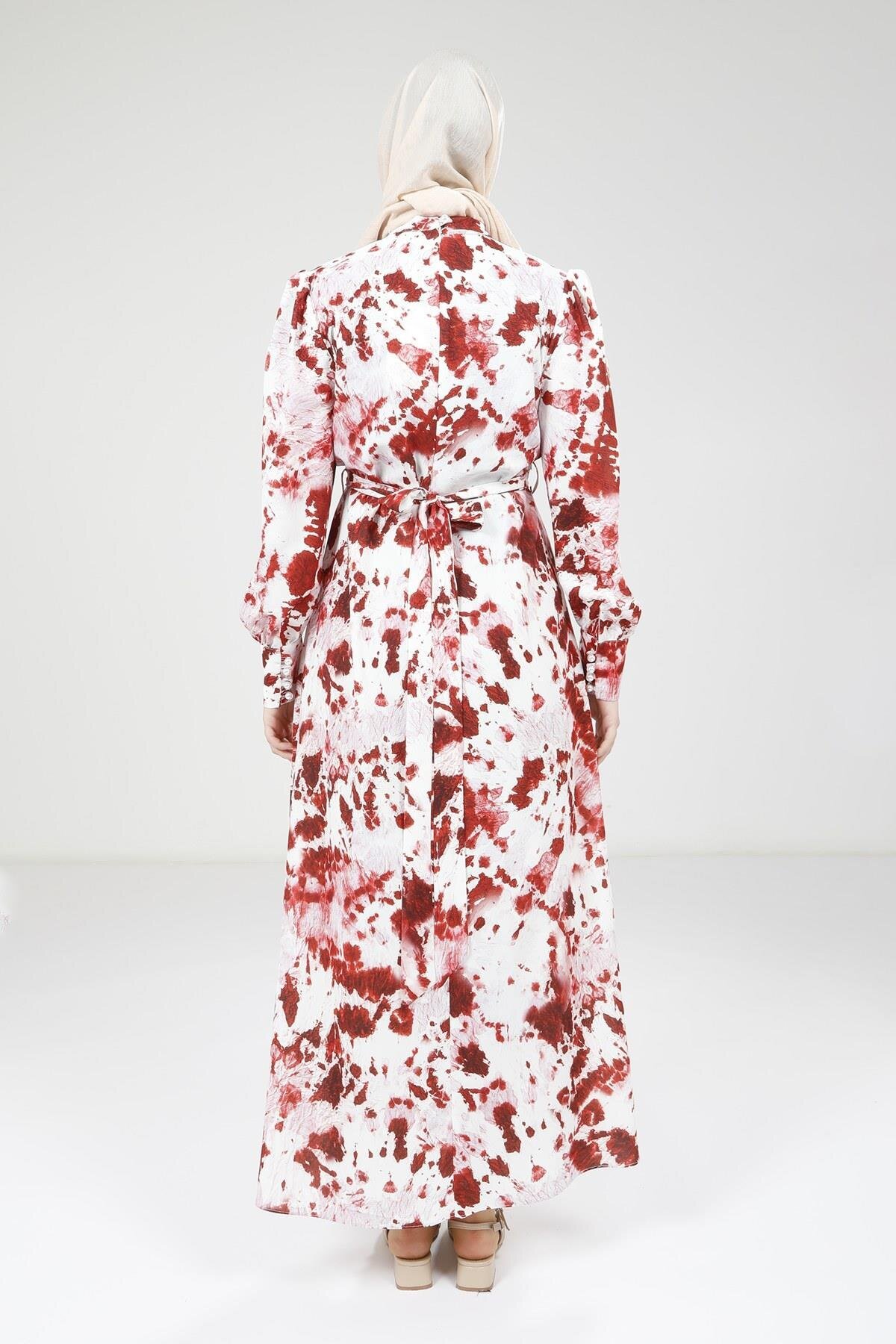 Printed Detachable Belted Modest Dress - Red - Beyza