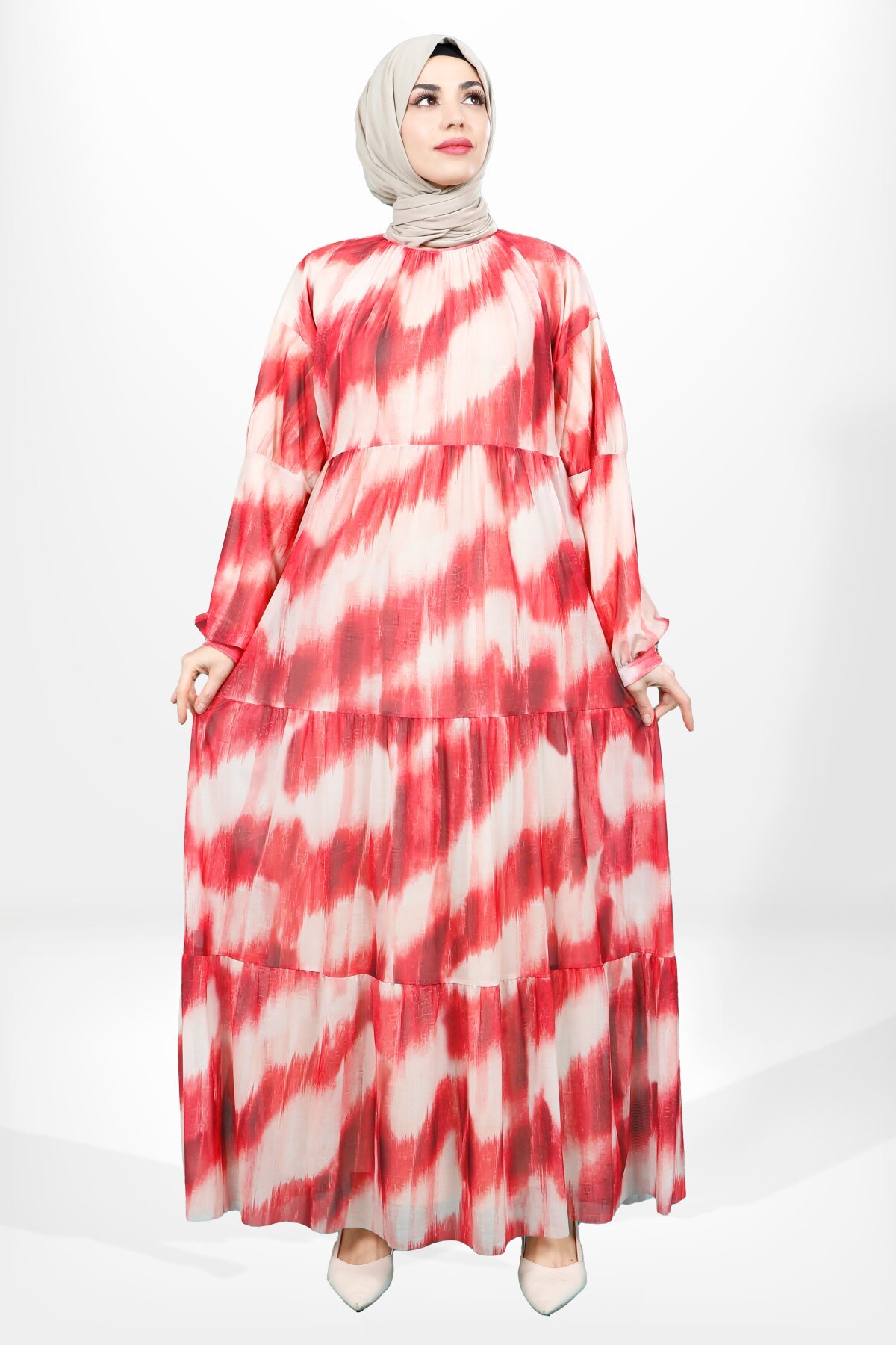 Tiered Tulle Modest Dress - Red - Beyza