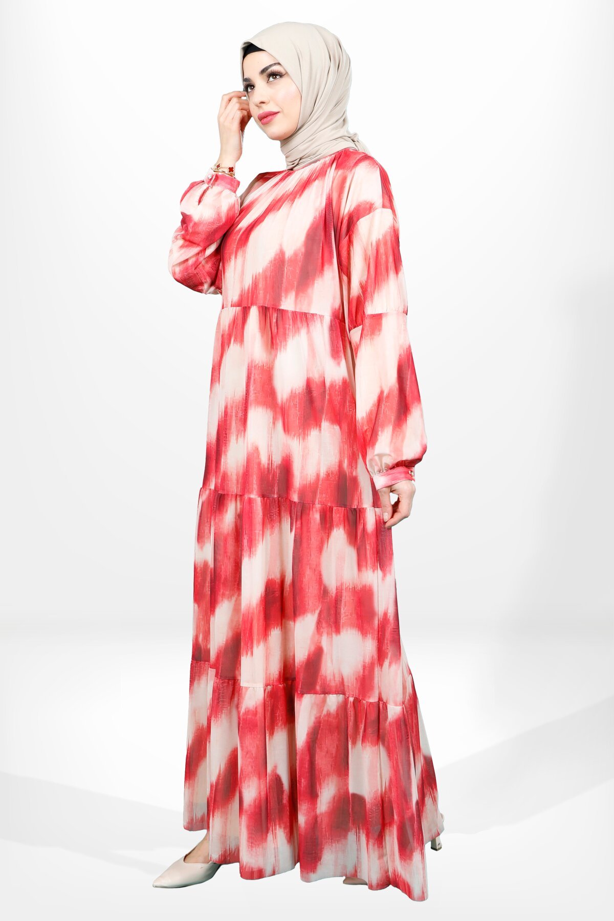 Tiered Tulle Modest Dress - Red - Beyza