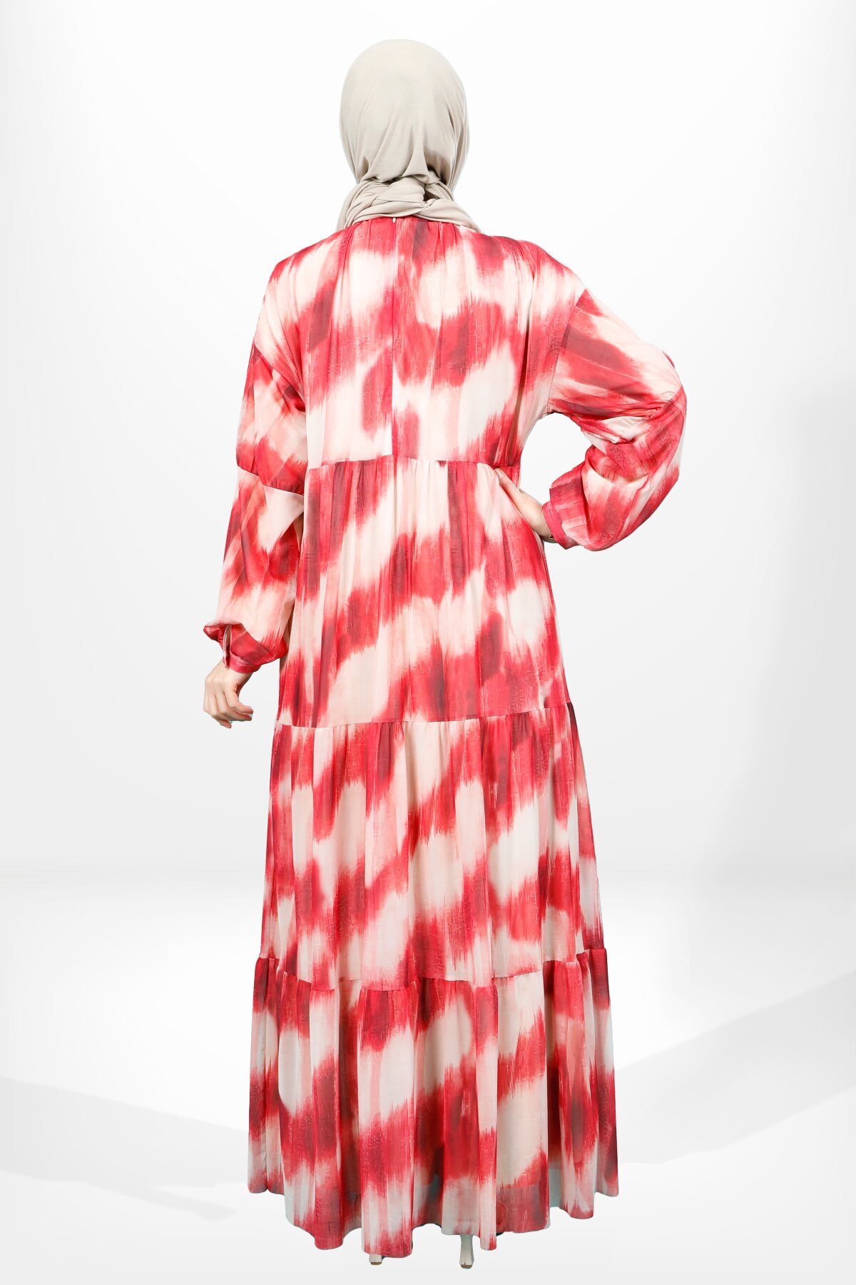 Tiered Tulle Modest Dress - Red - Beyza