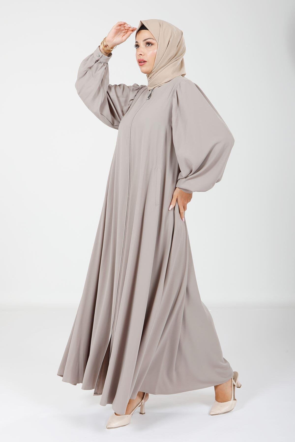Flared Cut Gathered Zippered Abaya - Stone - Beyza