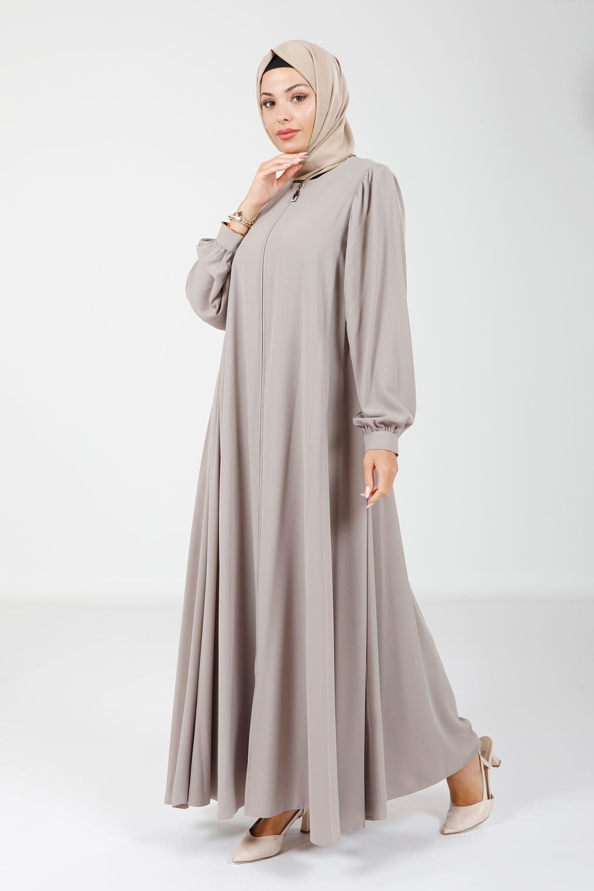 Flared Cut Gathered Zippered Abaya - Stone - Beyza