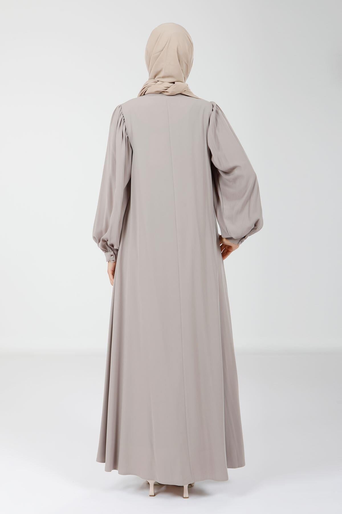 Flared Cut Gathered Zippered Abaya - Stone - Beyza