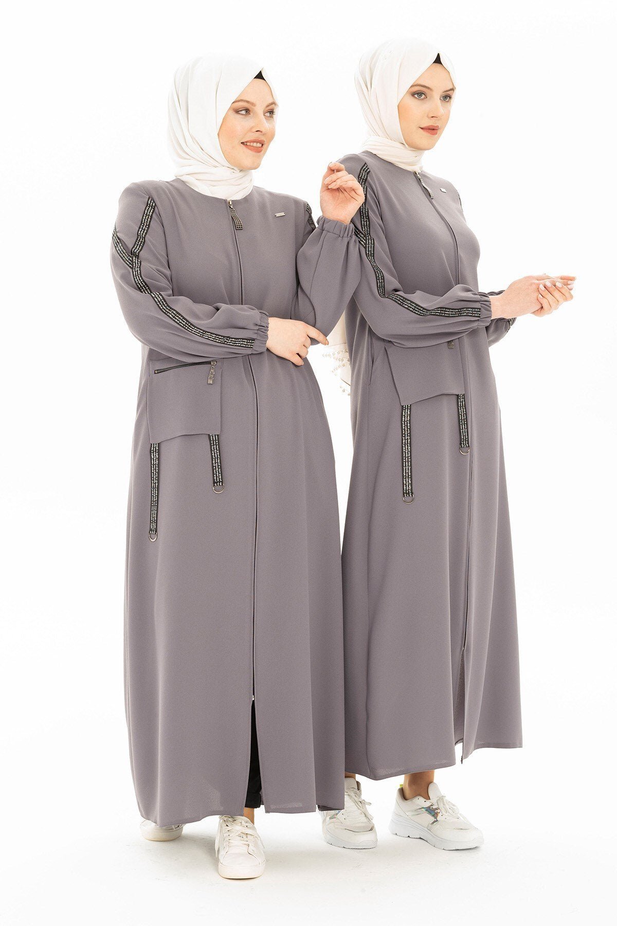 Sporty Stripe Detail Abaya - Dark Gray - Beyza