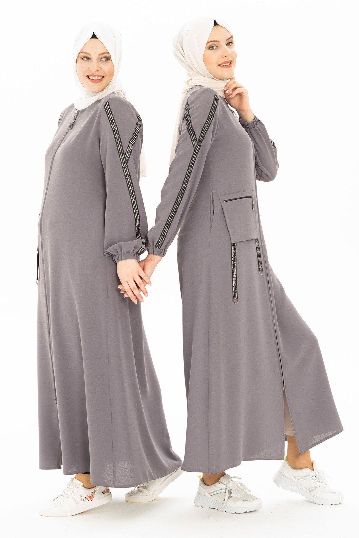 Sporty Stripe Detail Abaya - Dark Gray - Beyza