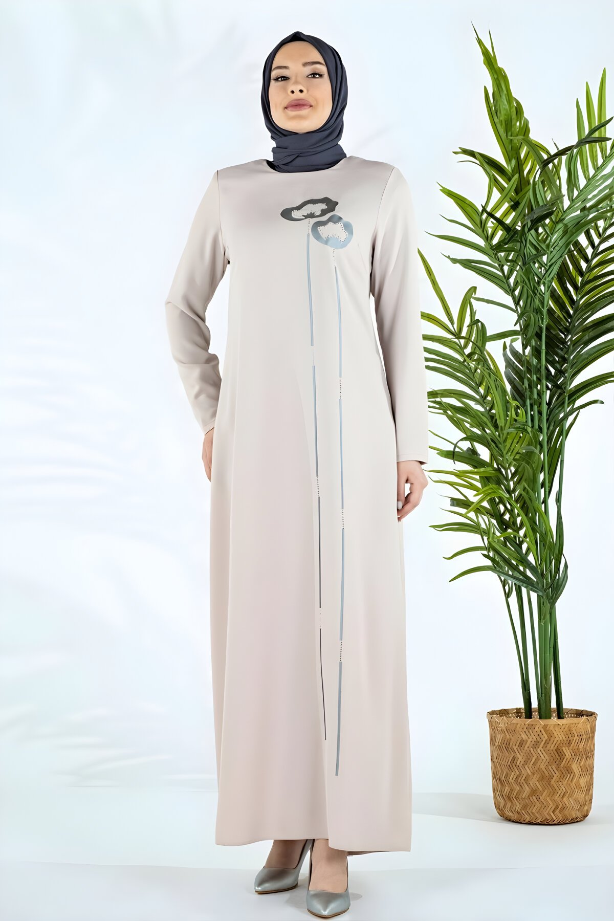 Krem Önü Çiçek Desenli Ahlat Fleksi Baskılı Tesettür Abiye Elbise - Beyza