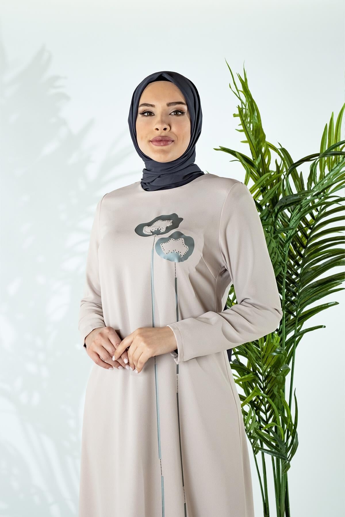 Modest Evening Dress with Front Floral Ahlat Flex Print - Cream - Beyza