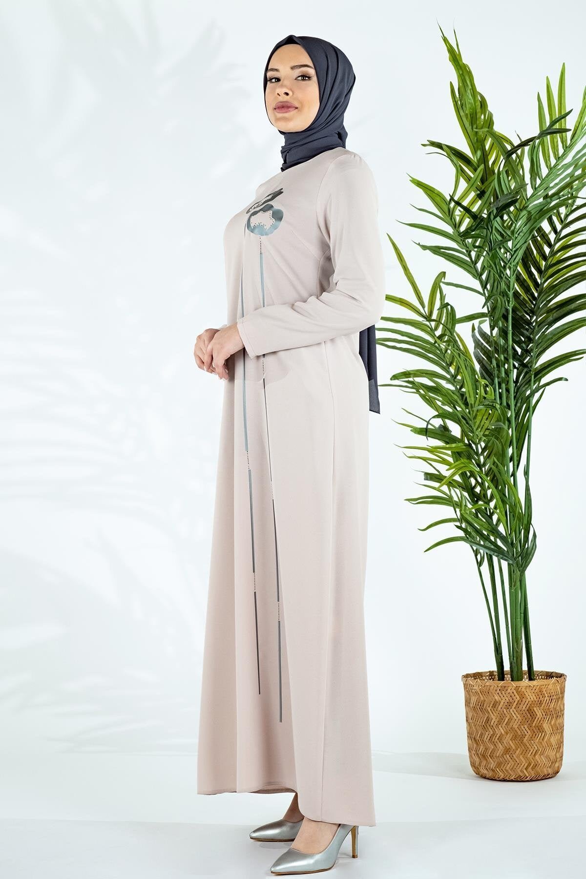 Modest Evening Dress with Front Floral Ahlat Flex Print - Cream - Beyza