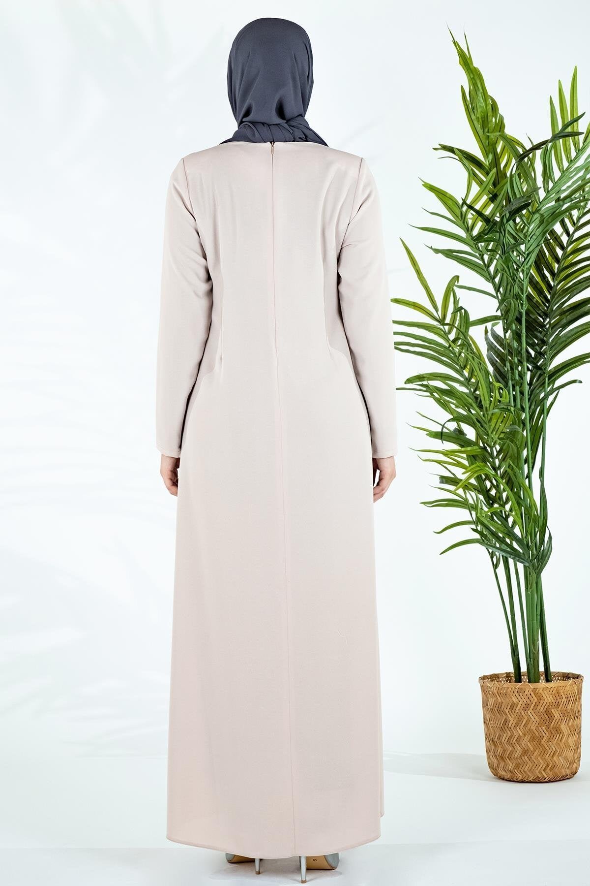 Modest Evening Dress with Front Floral Ahlat Flex Print - Cream - Beyza
