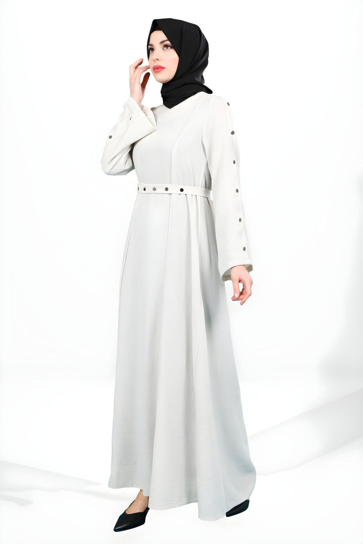 Kuşaklı Taş Çıtçıtlı Düğme Detaylı Tesettür Elbise - Beyza