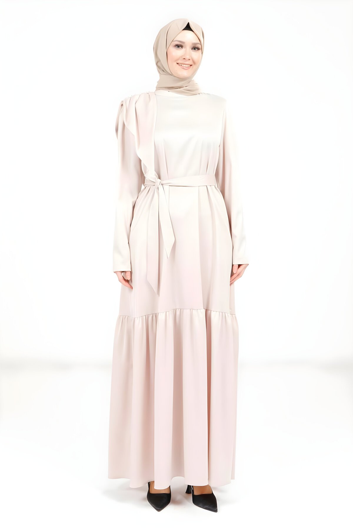 Kuşaklı Taş Omuz Detaylı Saten Tesettür Abiye Elbise - Beyza