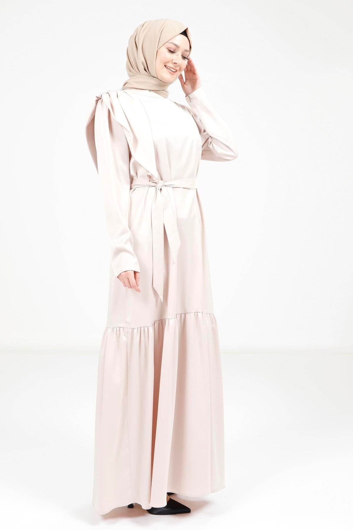 Satin Belted Stone Shoulder Detail Modest Evening Dress - Beyza