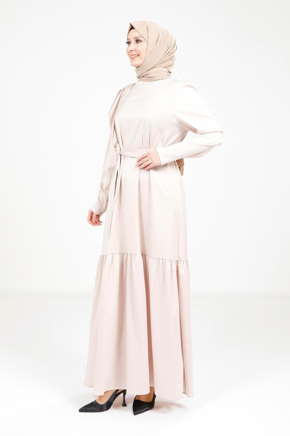 Satin Belted Stone Shoulder Detail Modest Evening Dress - Beyza
