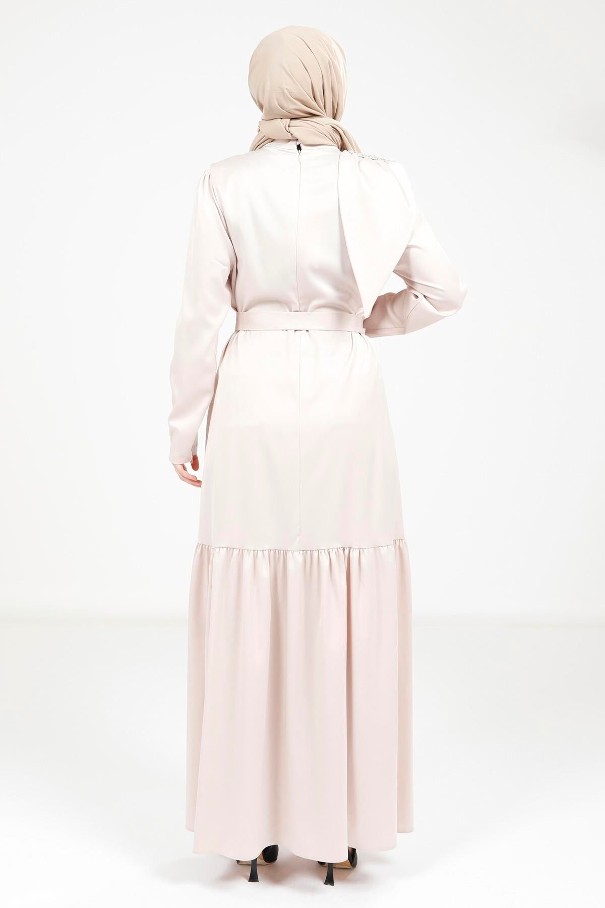 Satin Belted Stone Shoulder Detail Modest Evening Dress - Beyza