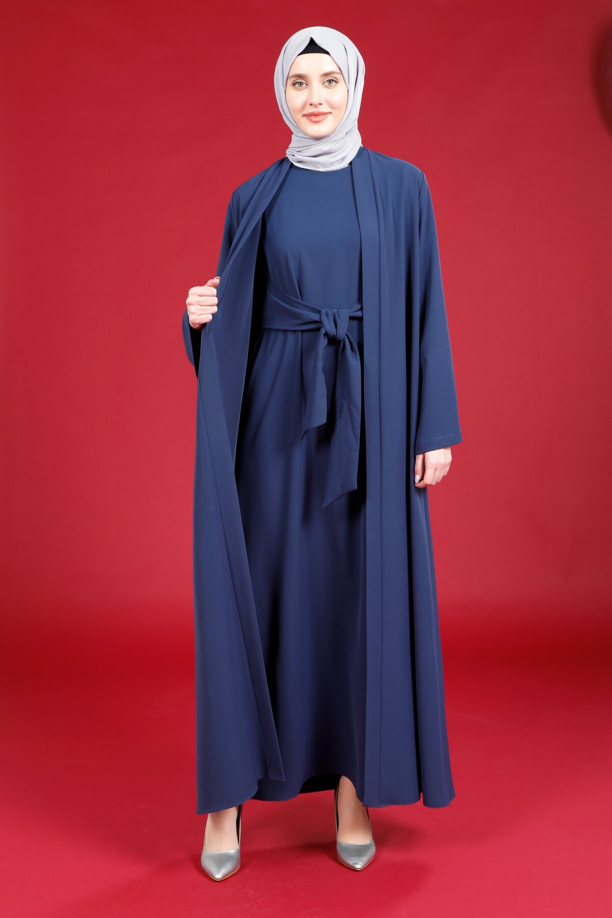 Wide Cuff Front-Tie Ferace - Navy Blue - Beyza