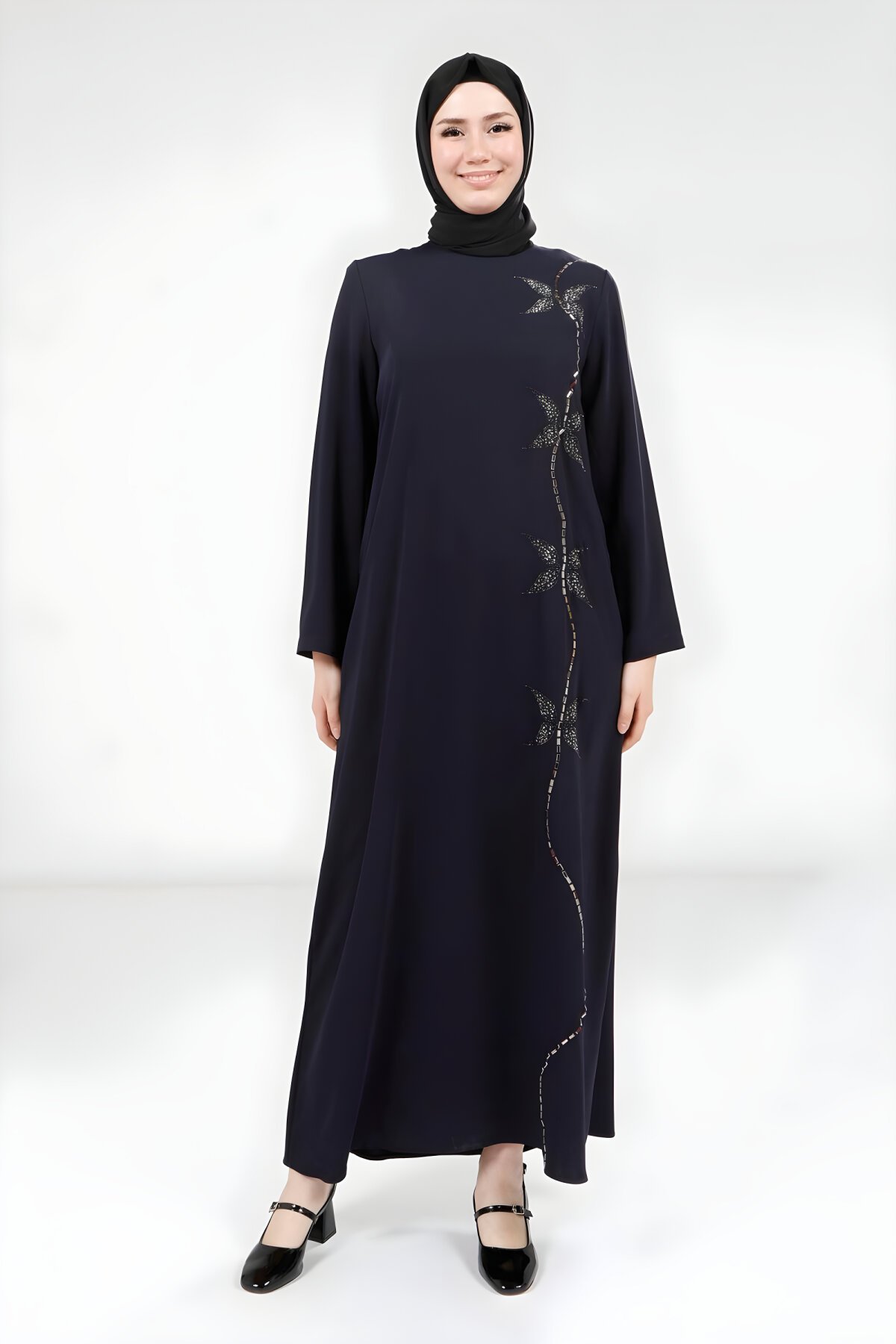 Lacivert Abiye Kelebek Taşlı Tesettür Elbise - Beyza