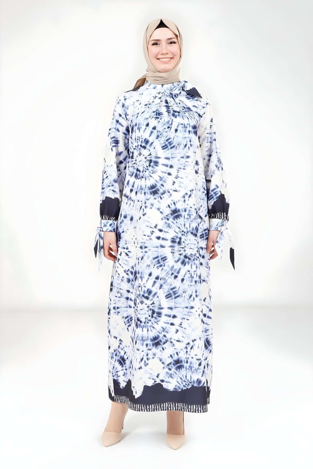 Lacivert Baskılı Tesettür Elbise - Beyza