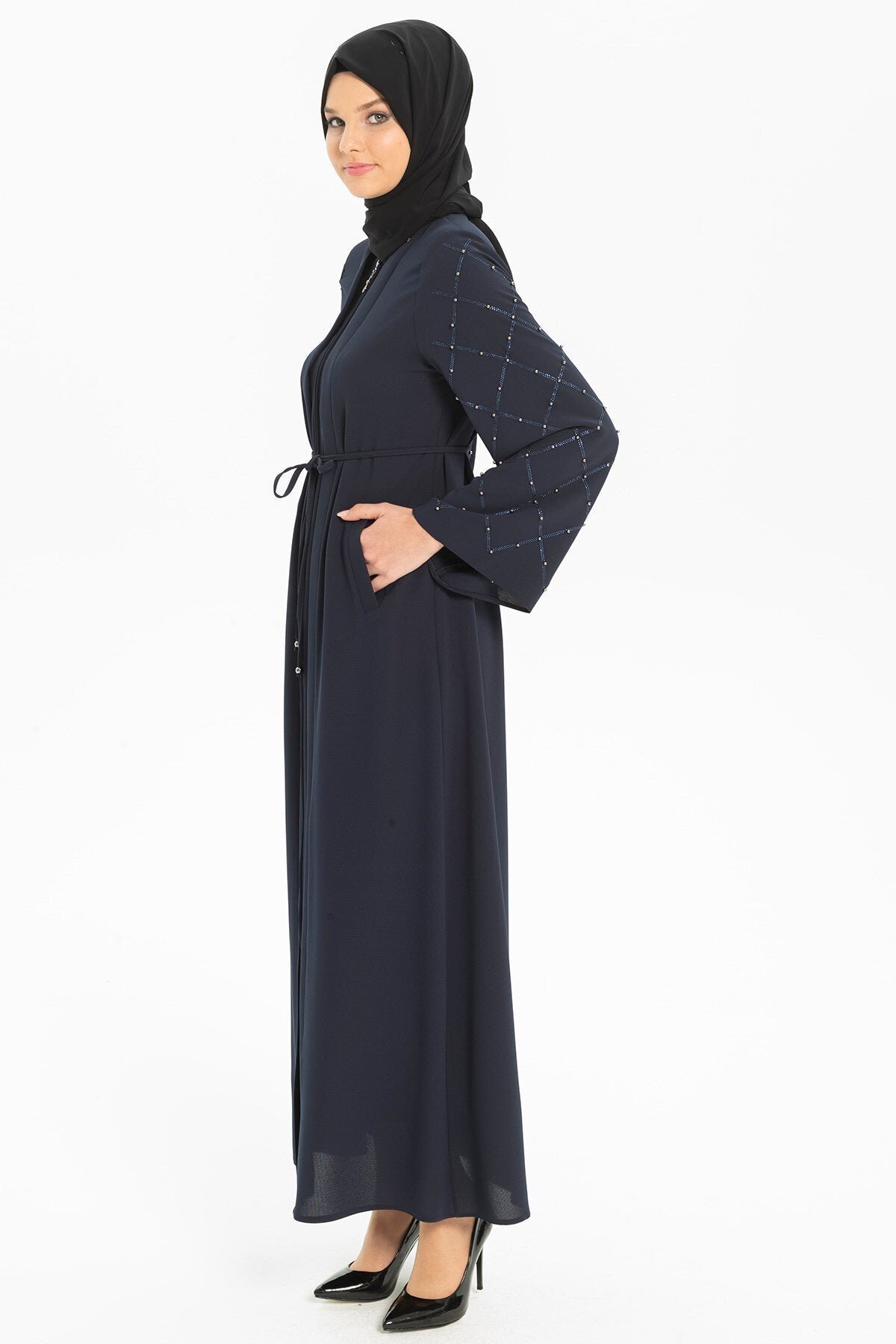 Drawstring Waist Stone-Embroidered Abaya - Navy Blue - Beyza