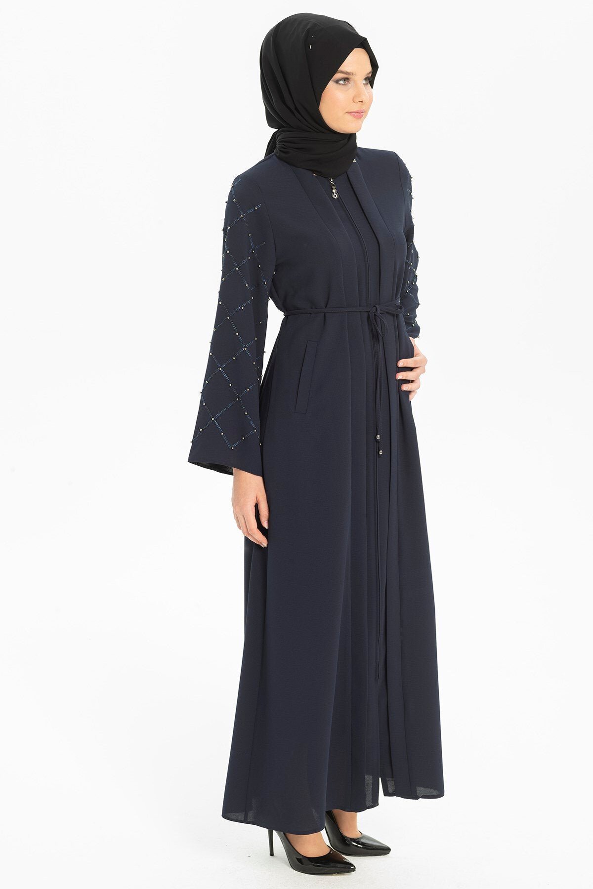 Drawstring Waist Stone-Embroidered Abaya - Navy Blue - Beyza