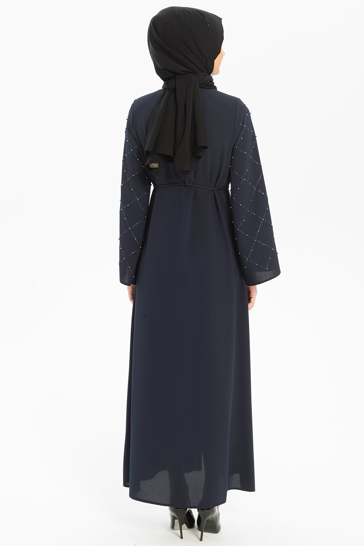 Drawstring Waist Stone-Embroidered Abaya - Navy Blue - Beyza