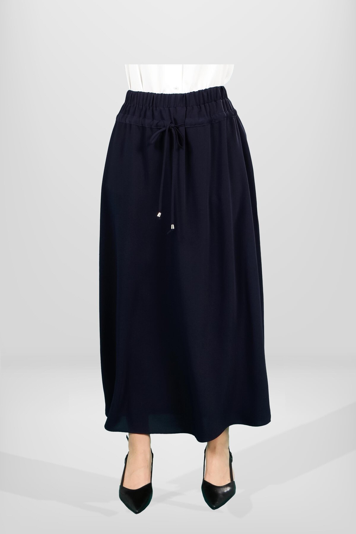 Gathered Elastic-Waist Modest Skirt - Navy - Beyza