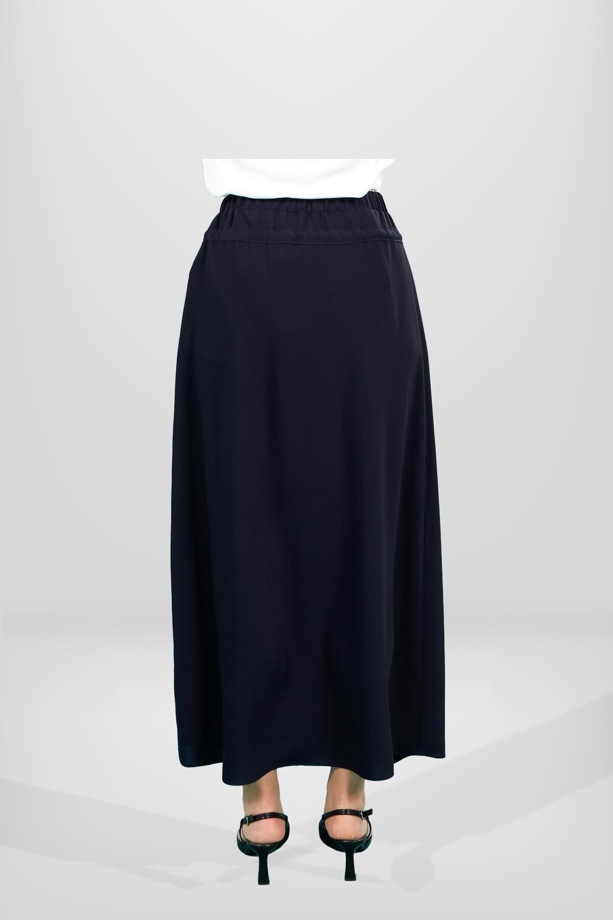 Gathered Elastic-Waist Modest Skirt - Navy - Beyza