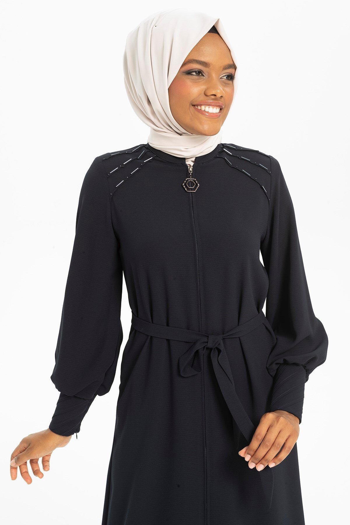 Beaded Wide-Cuff Abaya - Navy Blue - Beyza