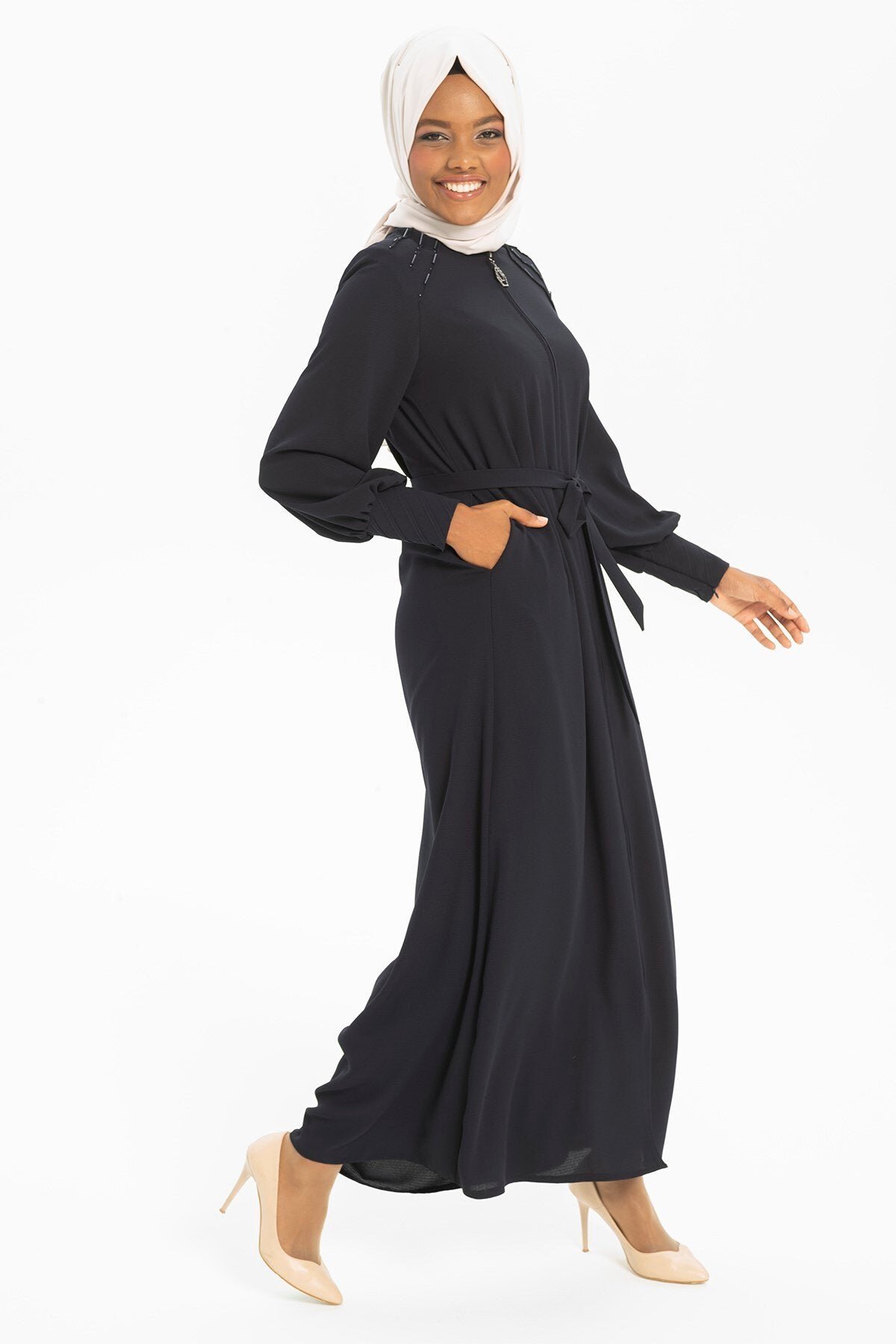 Beaded Wide-Cuff Abaya - Navy Blue - Beyza
