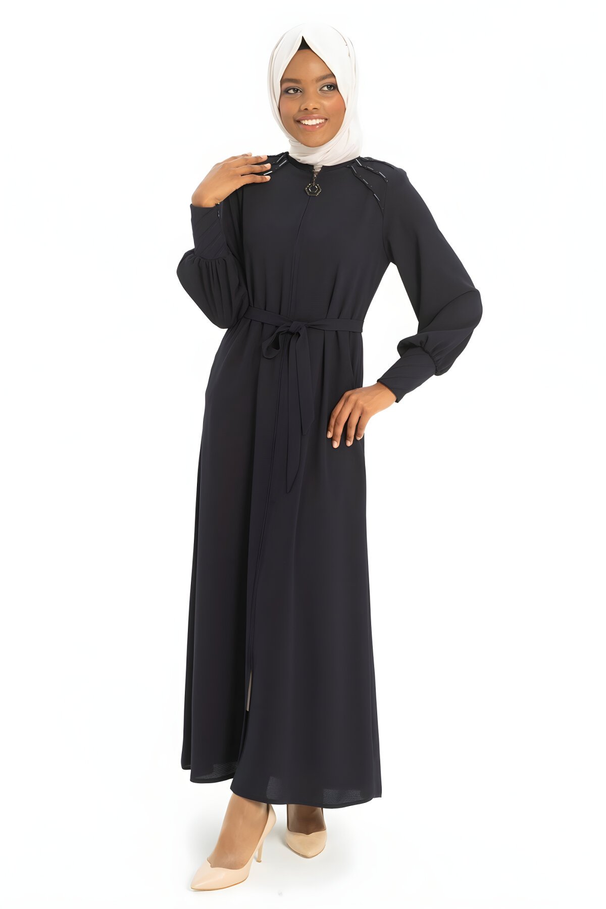 Lacivert Boncuk İşlemeli Kalın Manşetli Ferace - Beyza