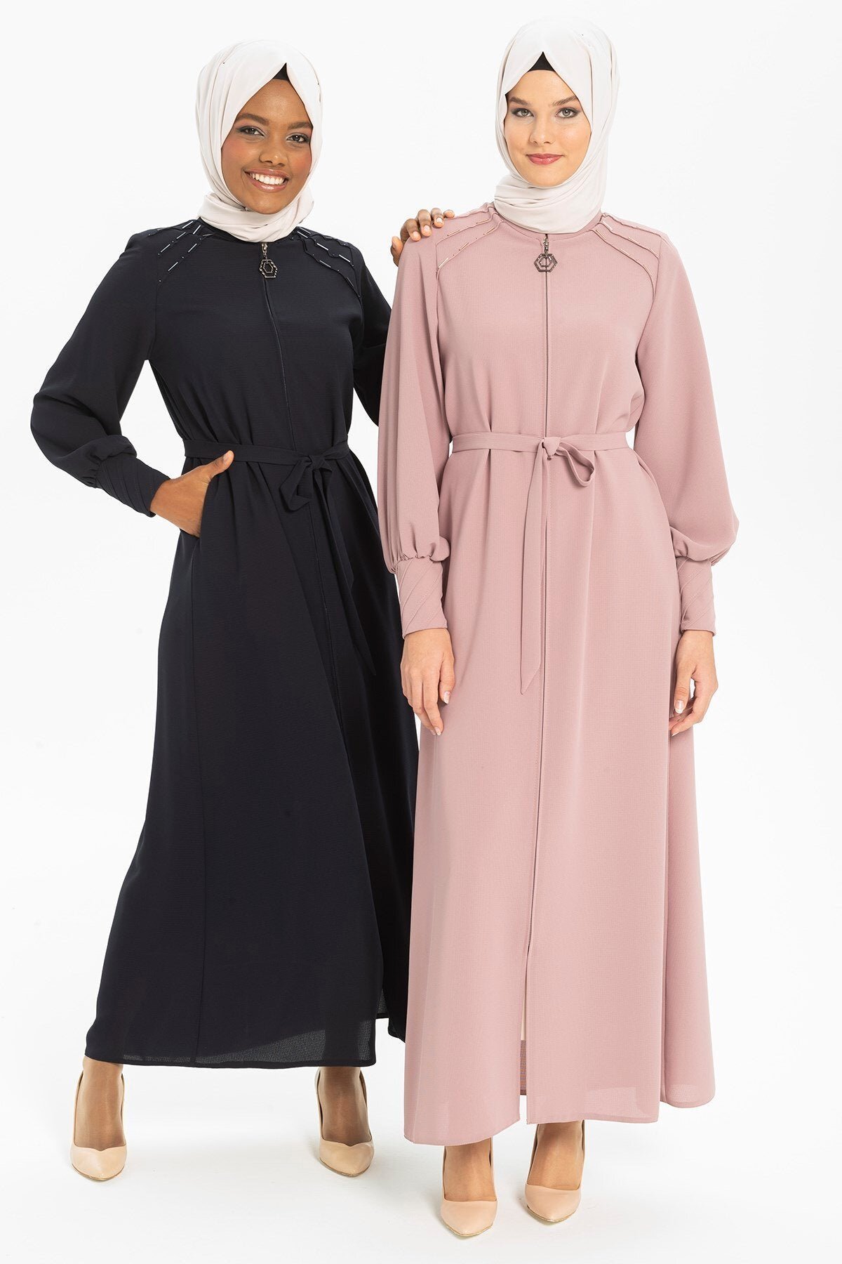 Beaded Wide-Cuff Abaya - Navy Blue - Beyza