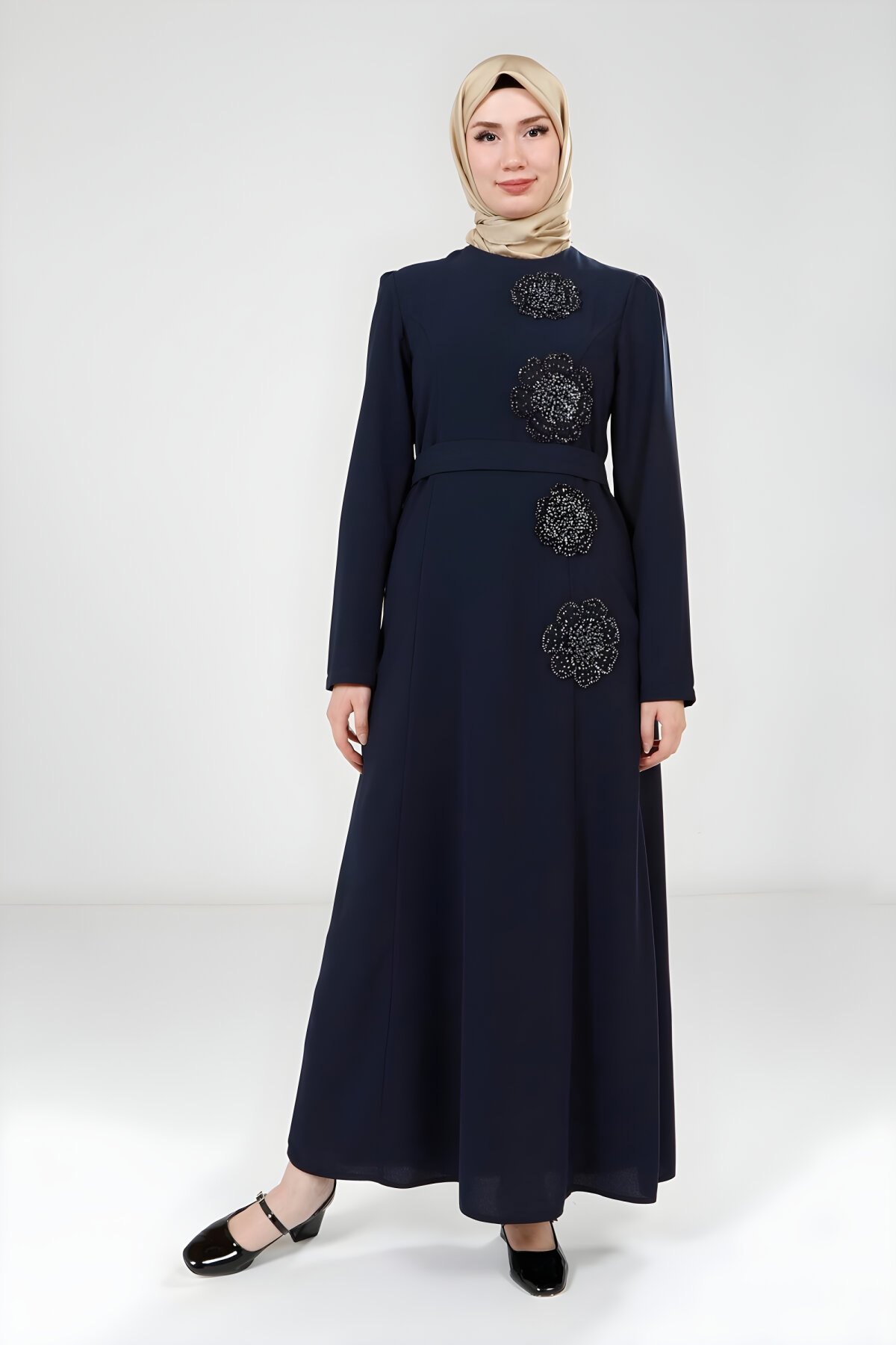 Lacivert Çiçek Taş Desenli Tesettür Abiye Elbise - Beyza