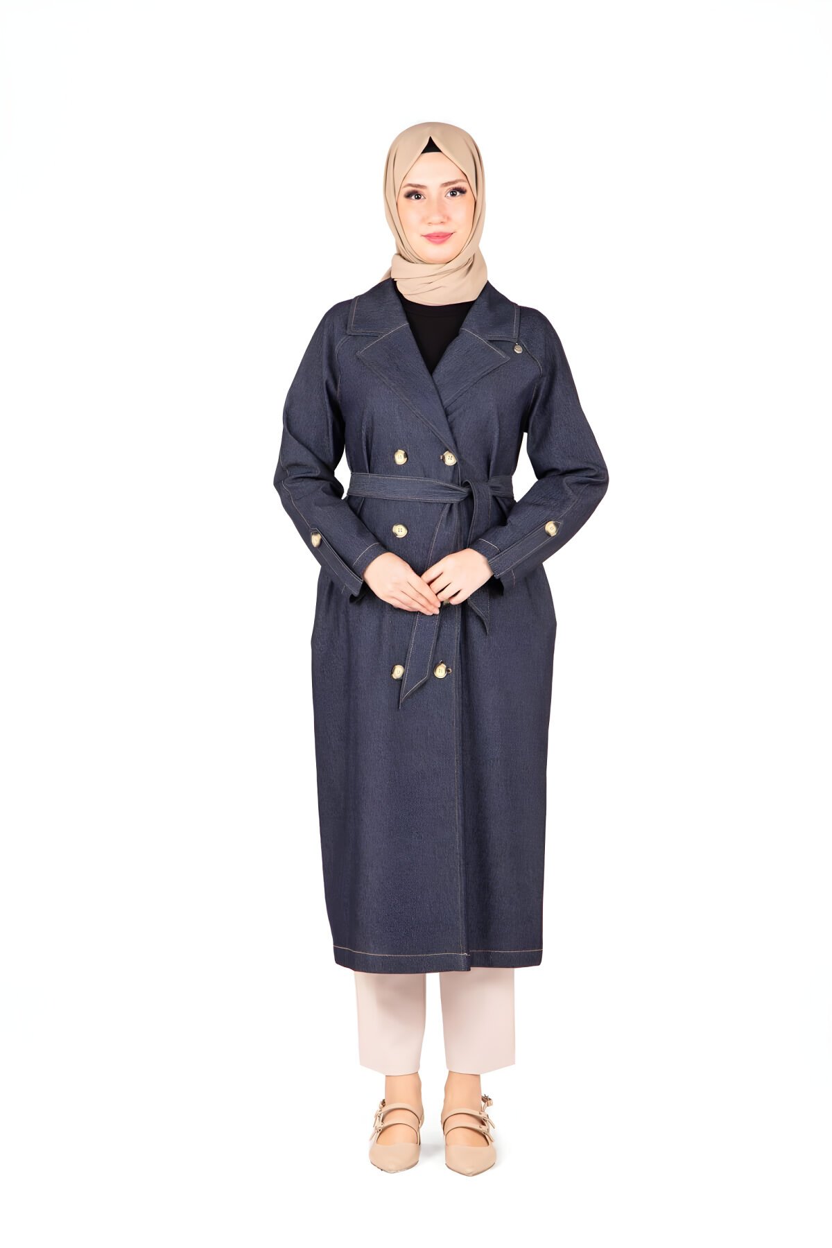 Lacivert Denim Kuşaklı Trençkot - Beyza