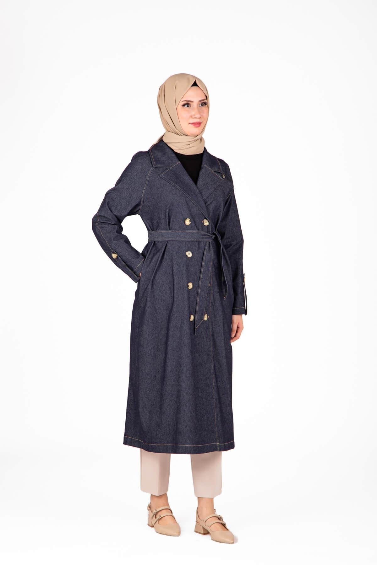 Lacivert Denim Kuşaklı Trençkot - Beyza